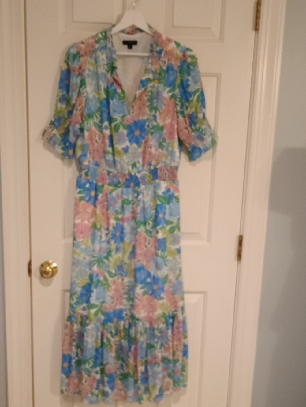 J. Crew Floral V-Neck Tiered Midi Dress in Blue, Pink, Green